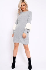 Grey Chunky Knit Fur Sleeve Jumper Dress - Jaycee-Knitwear