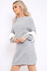Grey Chunky Knit Fur Sleeve Jumper Dress - Jaycee-Knitwear