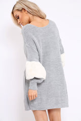 Grey Chunky Knit Fur Sleeve Jumper Dress - Jaycee-Knitwear