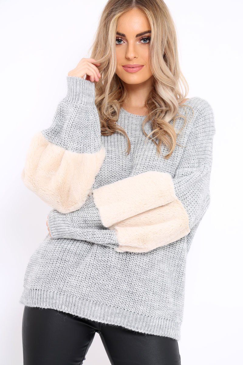 Grey Chunky Knit Fur Sleeve Jumper - Kimberly-Knitwear