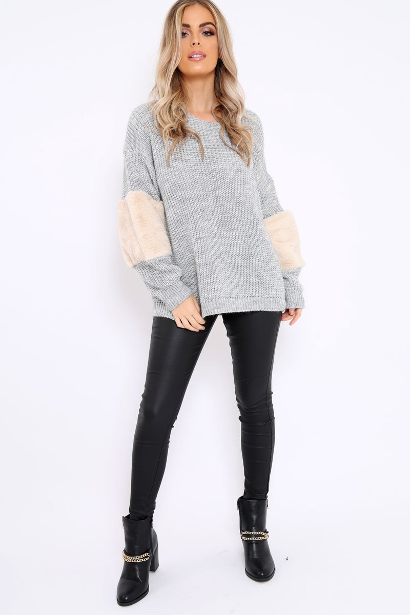 Grey Chunky Knit Fur Sleeve Jumper - Kimberly-Knitwear