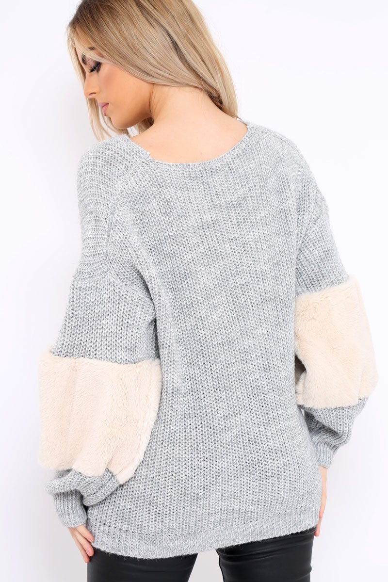 Grey Chunky Knit Fur Sleeve Jumper - Kimberly-Knitwear