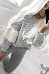 Grey Chunky Knit Fur Sleeve Jumper - Kimberly-Knitwear
