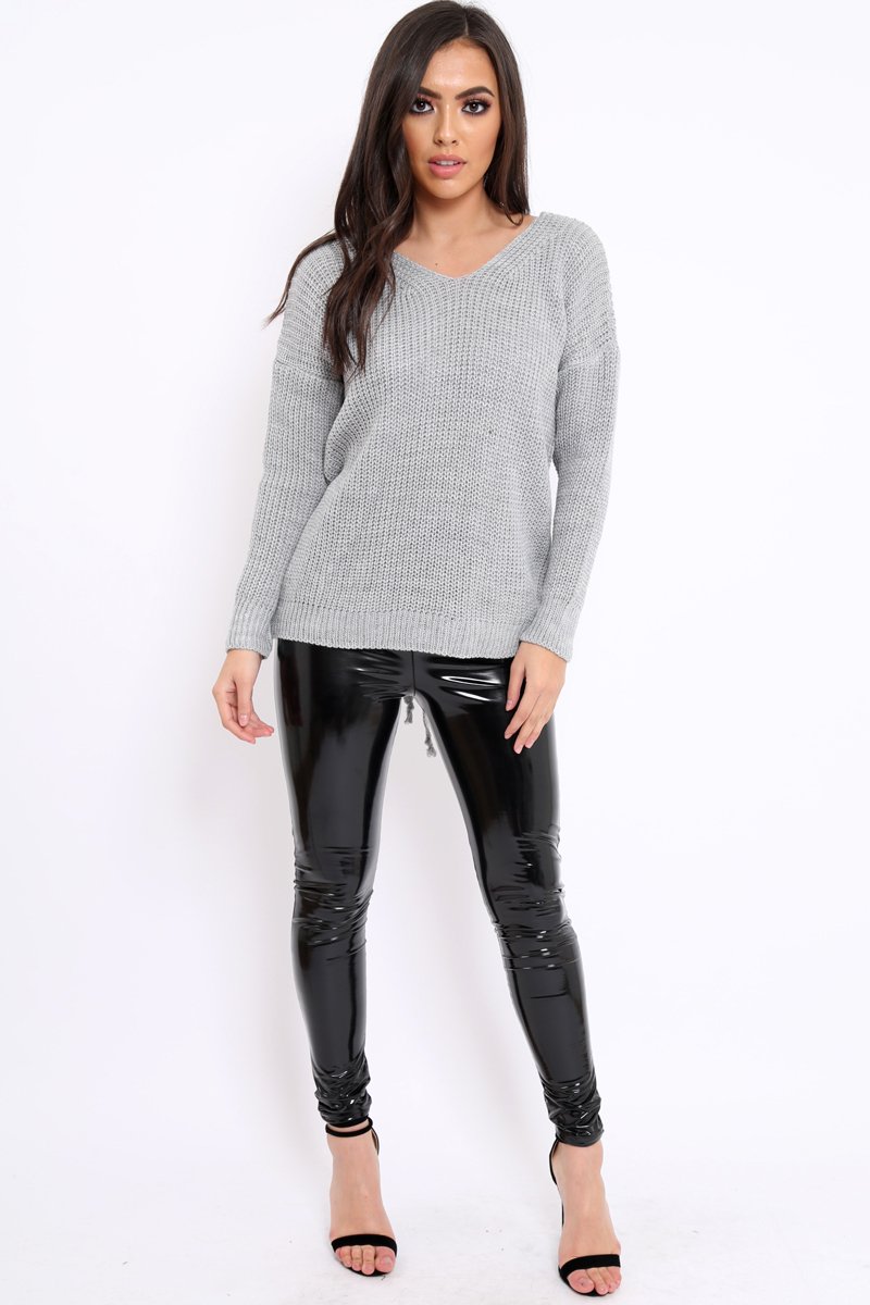 Grey Chunky Knit Lace Up Back Jumper - Perrie-Knitwear