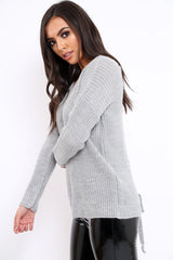 Grey Chunky Knit Lace Up Back Jumper - Perrie-Knitwear