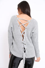 Grey Chunky Knit Lace Up Back Jumper - Perrie-Knitwear