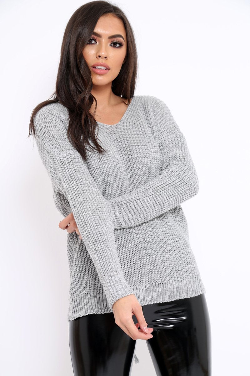 Grey Chunky Knit Lace Up Back Jumper - Perrie-Knitwear