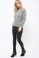 Grey Chunky Knit Lace Up Sleeve Jumper - Sarah-Knitwear