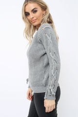 Grey Chunky Knit Lace Up Sleeve Jumper - Sarah-Knitwear