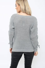 Grey Chunky Knit Lace Up Sleeve Jumper - Sarah-Knitwear