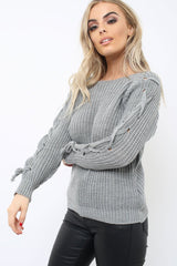 Grey Chunky Knit Lace Up Sleeve Jumper - Sarah-Knitwear