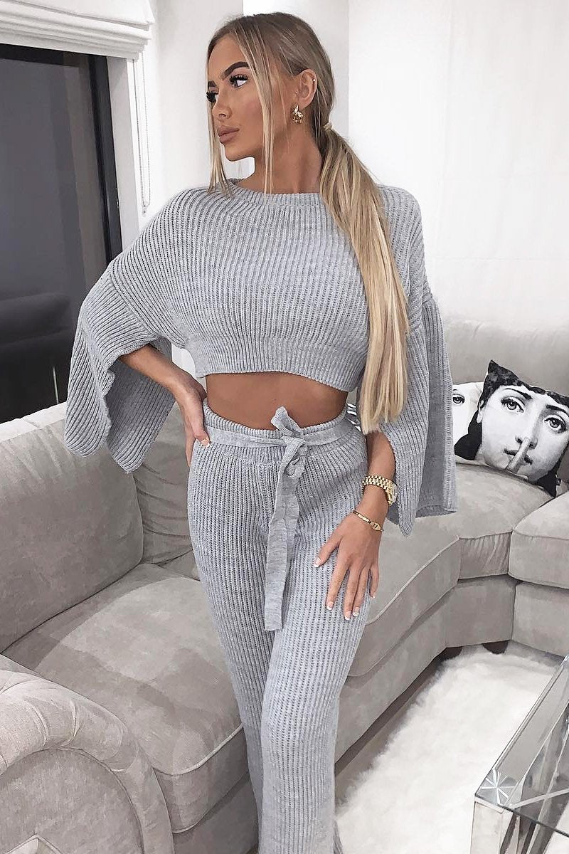 Grey Chunky Knit Loungewear Set - Harper-Loungewear