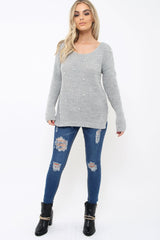 Grey Chunky Knit Pearl Jumper - Terri-Knitwear