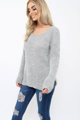 Grey Chunky Knit Pearl Jumper - Terri-Knitwear