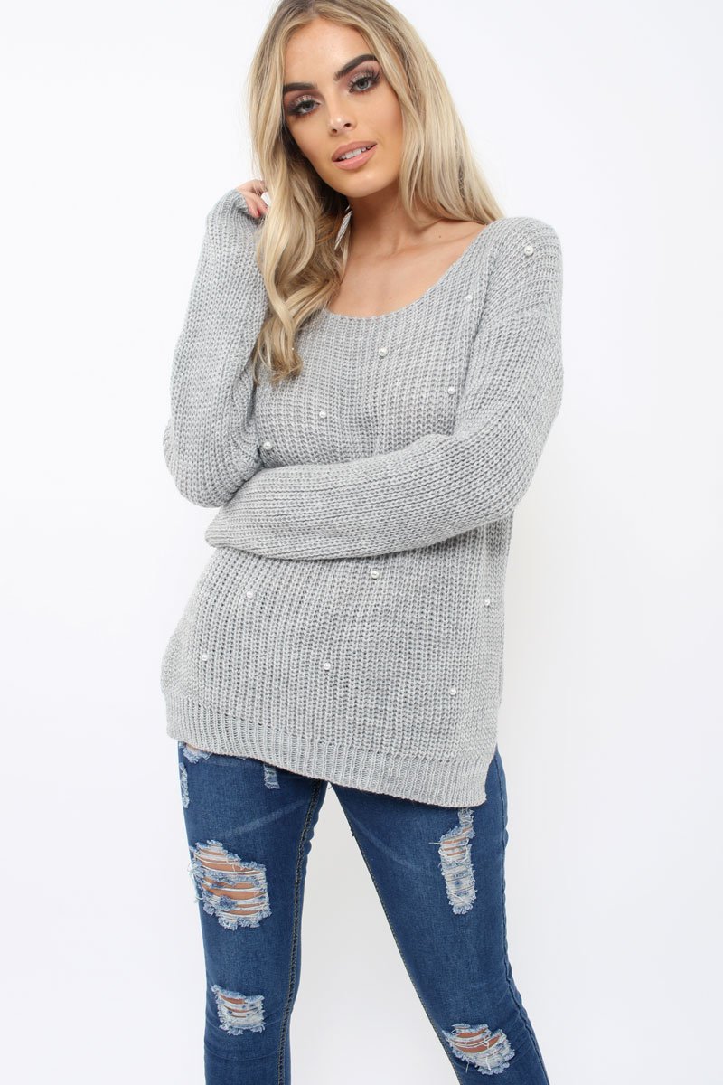 Grey Chunky Knit Pearl Jumper - Terri-Knitwear