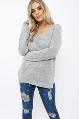 Grey Chunky Knit Pearl Jumper - Terri-Knitwear
