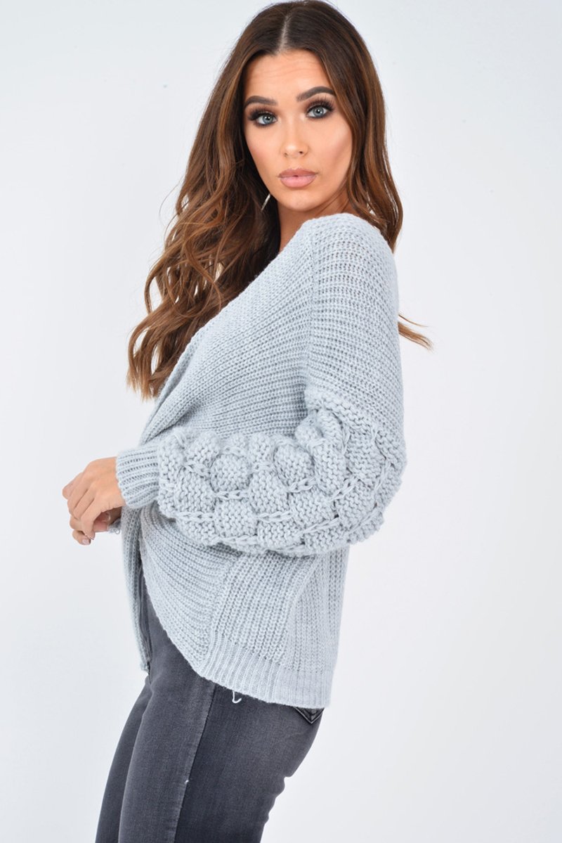 Grey Chunky Knit Plunge Sleeve Detail Jumper - Laelle-Dresses