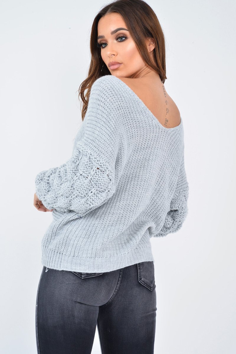 Grey Chunky Knit Plunge Sleeve Detail Jumper - Laelle-Dresses