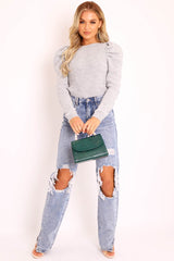 Grey Chunky Knit Puff Sleeve Jumper - Hannahmae-Jumper