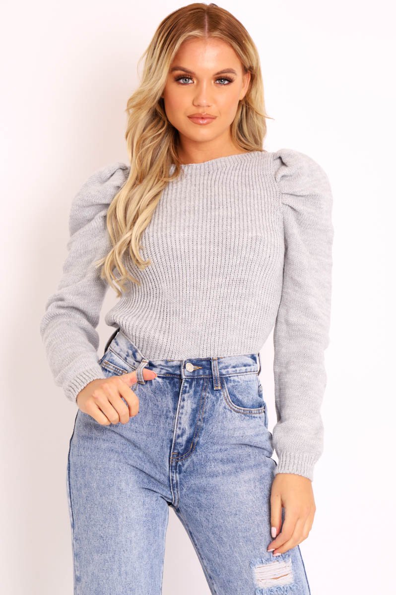 Grey Chunky Knit Puff Sleeve Jumper - Hannahmae-Jumper