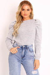 Grey Chunky Knit Puff Sleeve Jumper - Hannahmae-Jumper
