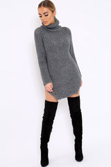 Grey Chunky Knit Roll Neck Cut Out Hem Jumper Dress - Catalina-Dresses