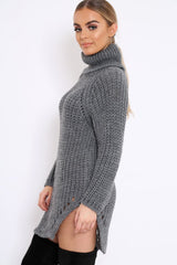 Grey Chunky Knit Roll Neck Cut Out Hem Jumper Dress - Catalina-Dresses