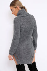 Grey Chunky Knit Roll Neck Cut Out Hem Jumper Dress - Catalina-Dresses