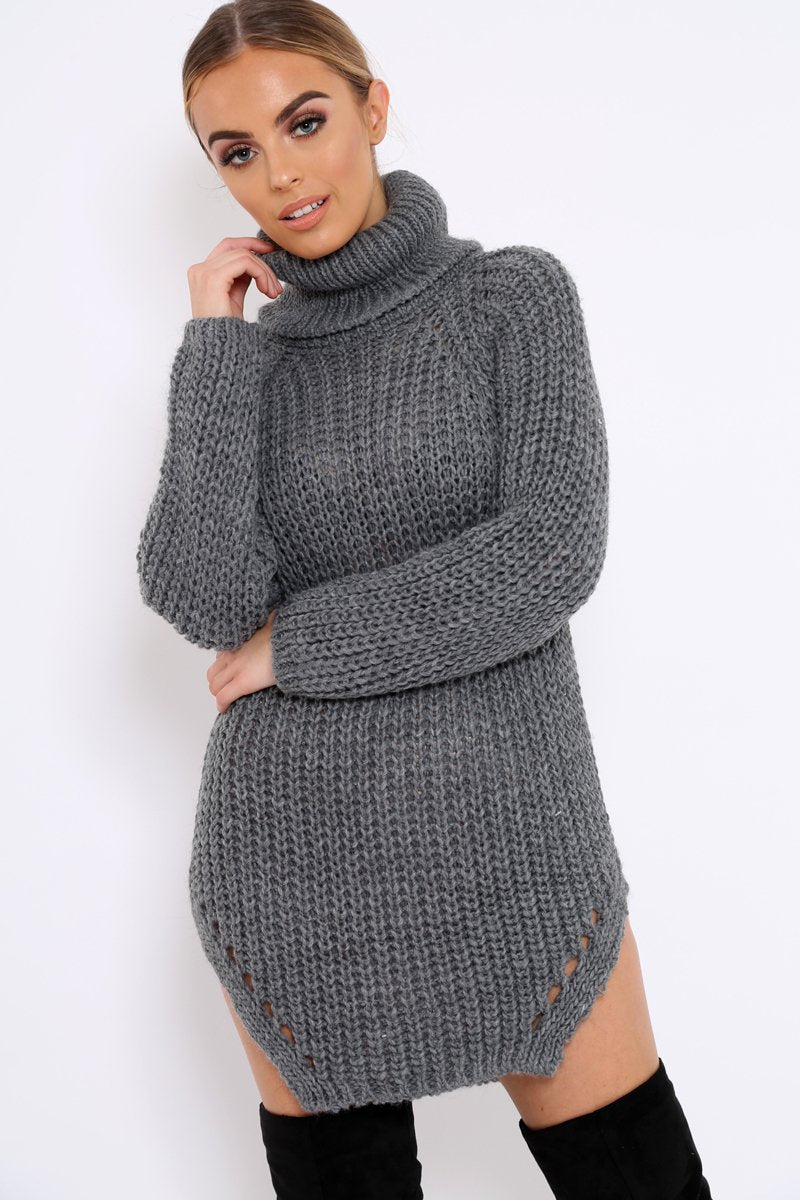 Grey Chunky Knit Roll Neck Cut Out Hem Jumper Dress - Catalina-Dresses