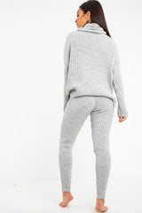 Grey Chunky Knit Roll Neck Loungewear Co-Ord - Imara-Co-ords