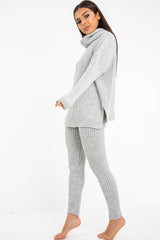 Grey Chunky Knit Roll Neck Loungewear Co-Ord - Imara-Co-ords