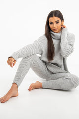 Grey Chunky Knit Roll Neck Loungewear Co-Ord - Imara-Co-ords
