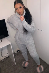 Grey Chunky Knit Roll Neck Loungewear Co-Ord - Imara-Co-ords