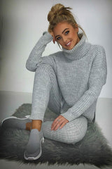 Grey Chunky Knit Roll Neck Loungewear Co-Ord - Imara-Co-ords