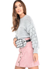 Grey Chunky Knit Sleeve Detail Cropped Jumper - Danyela-Crop Jumper