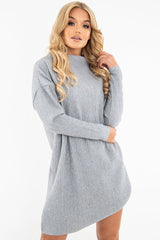 Grey Chunky Rib Slash Neck Jumper Dress - Kameron-Dresses