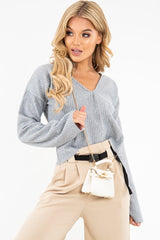 Grey Chunky Rib V-Neck Jumper - Evalise-Jumper