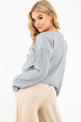 Grey Chunky Rib V-Neck Jumper - Evalise-Jumper
