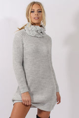 Grey Chunky Turtleneck Knit Jumper Dress - Cloe-Jumper