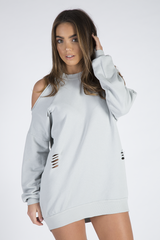 Grey Cold Shoulder Distressed Jumper Dress - Kylie-Dresses