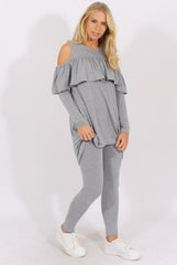 Grey Cold Shoulder Frill Dipped Hem Tracksuit - Tammy-Tracksuits