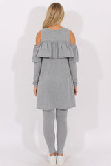 Grey Cold Shoulder Frill Dipped Hem Tracksuit - Tammy-Tracksuits