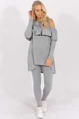 Grey Cold Shoulder Frill Dipped Hem Tracksuit - Tammy-Tracksuits