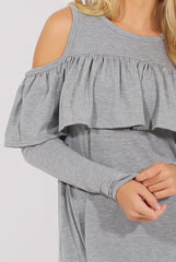 Grey Cold Shoulder Frill Dipped Hem Tracksuit - Tammy-Tracksuits