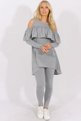 Grey Cold Shoulder Frill Dipped Hem Tracksuit - Tammy-Tracksuits