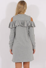 Grey Cold Shoulder Frill Layer Swing Dress - Megan-Dresses