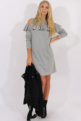 Grey Cold Shoulder Frill Layer Swing Dress - Megan-Dresses