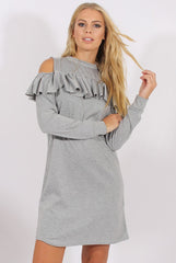Grey Cold Shoulder Frill Layer Swing Dress - Megan-Dresses