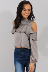 Grey Cold Shoulder Frill Layer Top - Lucy-Tops