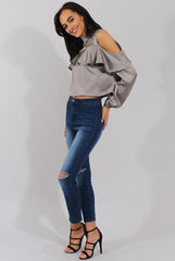 Grey Cold Shoulder Frill Layer Top - Lucy-Tops